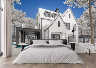 3d rendering of cute cozy white and black modern Tudor style house with parking  and pool for sale or rent with beautiful landscaping. Fairy roofs. Cool winter day with shiny white snow. Wall mural