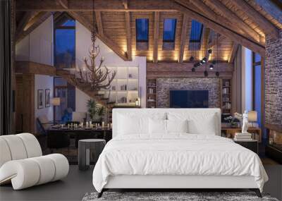 3D rendering of evening living room of chalet Wall mural