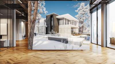 3d rendering of flat roof house with parking and pool for sale or rent with concrete facade and beautiful landscaping on background. Cool winter day with shiny white snow. Wall mural