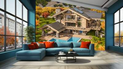 3d rendering of modern cozy chalet with pool and parking for sale or rent. Beautiful forest mountains on background. Massive timber beams columns. Clear sunny autumn day with golden leaves anywhere. Wall mural