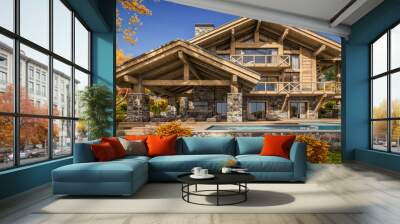 3d rendering of modern cozy chalet with pool and parking for sale or rent. Beautiful forest mountains on background. Massive timber beams columns. Clear sunny autumn day with golden leaves anywhere. Wall mural