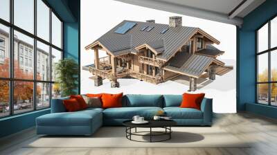 3d rendering of modern cozy chalet with pool and parking for sale or rent. Massive timber beams columns. Clear sunny summer day. Isolated on white Wall mural