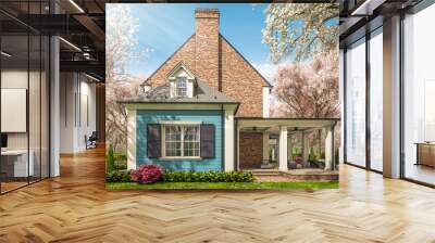 3d rendering of modern cozy classic house in colonial style with garage and pool for sale or rent with beautiful landscaping Fresh spring day with a blooming trees with flowers of sakura on backgraund Wall mural