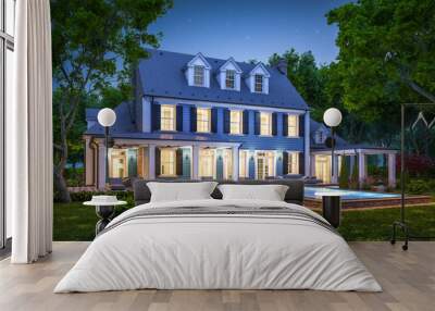 3d rendering of modern cozy classic house in colonial style with garage and pool for sale or rent with beautiful landscaping on background. Clear summer night with many stars on the sky. Wall mural