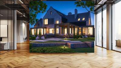 3d rendering of modern cozy clinker house on the ponds with garage and pool for sale or rent with beautiful landscaping on background. Clear summer night with many stars on the sky. Wall mural