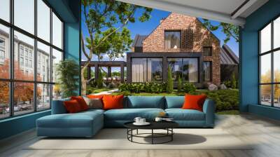 3d rendering of modern cozy clinker house on the ponds with garage and pool for sale or rent with beautiful landscaping on background. Clear sunny summer day with blue sky. Wall mural