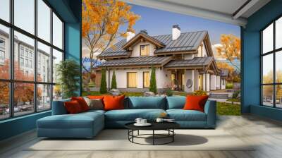 3d rendering of modern cozy house in chalet style with garage for sale or rent with large garden and lawn. Cool autumn evening with soft light from window. Wall mural