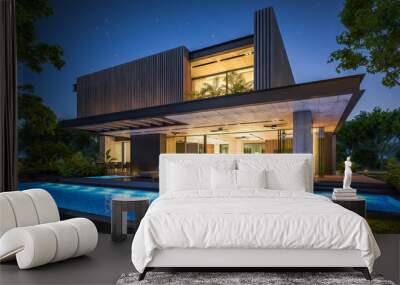 3d rendering of modern cozy house with parking and pool for sale or rent with wood plank facade and beautiful landscaping on background. Clear summer night with many stars on the sky. Wall mural