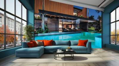 3d rendering of modern cozy house with parking and pool for sale or rent with wood plank facade by the sea or ocean. Starlight night by the azure coast with palm trees and flowers in tropical island Wall mural