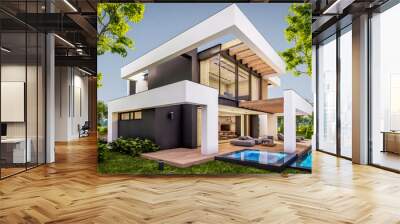 3d rendering of modern cozy house with pool and parking for sale or rent in luxurious style and beautiful landscaping on background. Clear summer evening with cozy light from window Wall mural