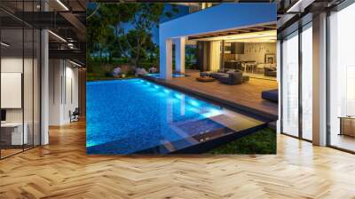 3d rendering of modern cozy house with pool and parking for sale or rent in luxurious style and beautiful landscaping on background. Clear summer night with many stars on the sky. Wall mural