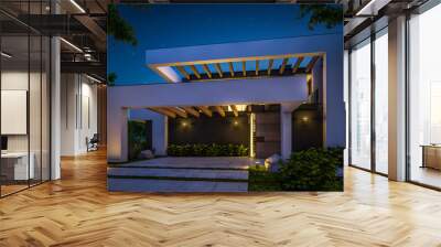 3d rendering of modern cozy house with pool and parking for sale or rent in luxurious style and beautiful landscaping on background. Clear summer night with many stars on the sky. Wall mural