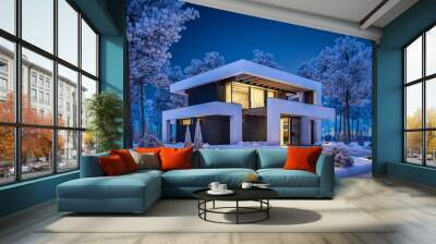 3d rendering of modern cozy house with pool and parking for sale or rent in luxurious style and beautiful landscaping on background. Cool winter night with stars in sky. Wall mural