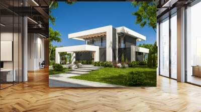 3d rendering of modern cozy house with pool and parking for sale or rent in luxurious style and beautiful landscaping on background. Summer sunny day with clear blue sky. Wall mural