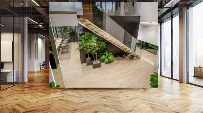 3d rendering of modern cozy interior with living,dining zone stair and kitchen for sale or rent with wood plank by the sea or ocean. Spacious apartments with expensive furniture,equipment and flowers Wall mural