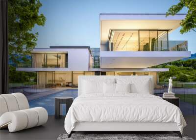 3d rendering of modern house by the river at evening Wall mural