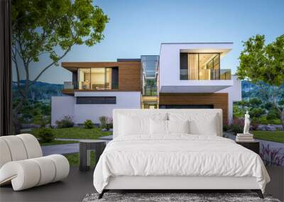 3d rendering of modern house by the river at evening Wall mural