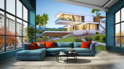 3d rendering of modern house by the river at evening Wall mural