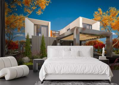 3d rendering of modern house by the river Wall mural