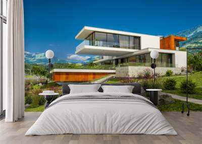 3d rendering of modern house by the river Wall mural