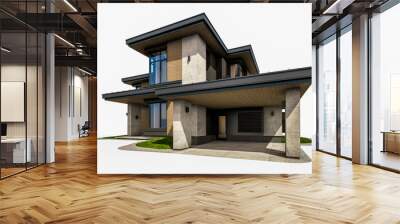 3d rendering of modern two story house with gray and wood accents, large windows, parking space in the right side of the building, daylight, isolated on white Wall mural