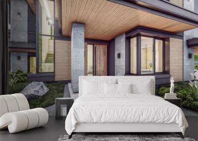 3d rendering of modern two story house with gray and wood accents, large windows, parking space in the right side of the building. Clear summer evening with cozy light from window Wall mural