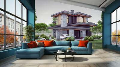 3d rendering of modern two story house with gray and wood accents, large windows, parking space in the right side of the building. Clear summer evening with cozy light from window Wall mural