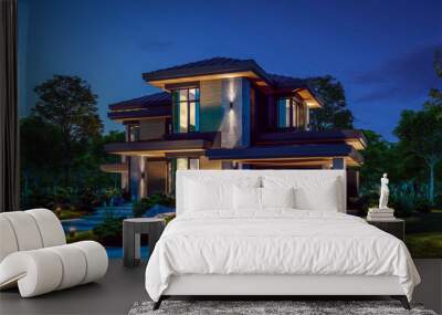 3d rendering of modern two story house with gray and wood accents, large windows, parking space in the right side of the building. Clear summer night with many stars on the sky. Wall mural