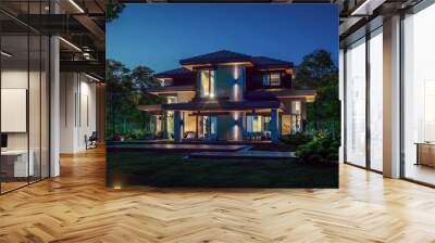 3d rendering of modern two story house with gray and wood accents, large windows, parking space in the right side of the building. Clear summer night with many stars on the sky. Wall mural