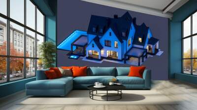 3d rendering of white and black modern Tudor house in night isolated on black Wall mural