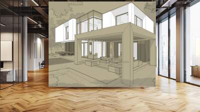 3d rendering sketch of modern cozy house in garden with garage for sale or rent. Black line sketch with white spot and hand drawing entourage on craft background. Wall mural