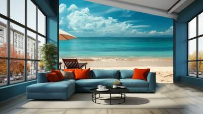 two lounge chairs are under an umbrella near the edge of the beach Wall mural