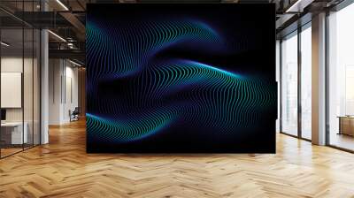 3D Vector wave lines pattern smooth curve flowing dynamic blue green light isolated on black background for concept of technology, digital, communication, science, music Wall mural