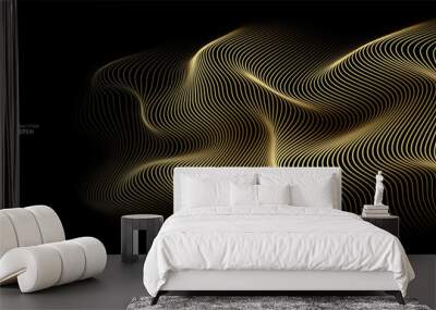 3D Vector wave lines pattern smooth curve flowing dynamic gold gradient light isolated on black background for concept of luxury, technology, digital, communication, science, music. Wall mural