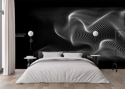 3D Vector wave lines pattern smooth curve flowing dynamic white light isolated on black background for concept of technology, digital, communication, science, music. Wall mural