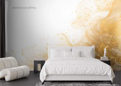 Abstract art paint gold fluid texture and gold brush flicks on white for background in concept luxury. Wall mural