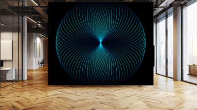 Abstract blue green light lines weaving pattern in circle shape isolated on black background. Vector illustration in concept technology, science, music, modern. Wall mural