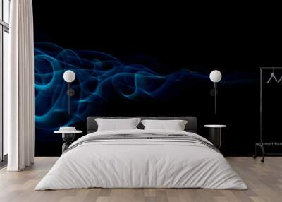 Abstract blue light smoke wave flowing isolated on black background in concept technology, modern, science. Wall mural