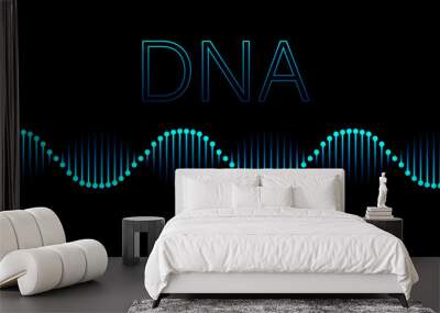 Abstract DNA molecule helix spiral wave blue green isolated on black background. Vector illustration in concept medical science, genetic biotechnology, chemistry biology, gene. Wall mural