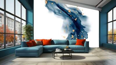 Abstract fluid art painting curve line in blue and gold by alcohol ink or watercolor with white space. For decoration, banner, background in luxury style. Wall mural