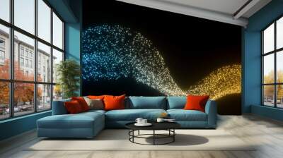 Abstract fluid flowing gold and blue light particle curve shape isolated on black background with space for text in concept luxury, magic, technology. Wall mural