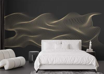 Abstract vector wavy lines flowing smooth curve gold gradient color on black background in concept of luxury, technology, science, music, modern. Wall mural