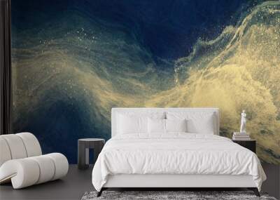 Abstract watercolor paint fluid texture background deep blue with gold glitter. Luxury background concept. Wall mural