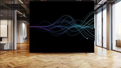 AI Artificial intelligence wave lines neural network purple blue and green light isolated on black background. Vector in concept of technology, machine learning, A.I. Wall mural