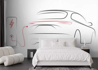 Electric SUV car with charging station by sketch line black and red colors isolated on white background. Vector illustration.	 Wall mural