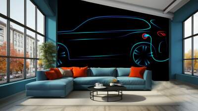 Electric SUV car with charging station by sketch line side view blue green and red glowing light line isolated on black background. Vector illustration. Wall mural