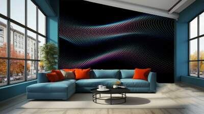 Flowing dot particles wave curve pattern blue and green gradient light isolated on black background. Vector in concept of AI technology, science, music. Wall mural