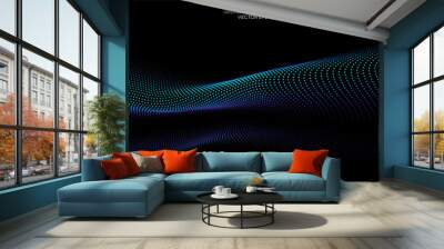 Flowing dot particles wave pattern 3D curve blue and green gradient light isolated on black background. Vector in concept of AI technology, science, music. Wall mural