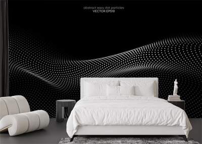 Flowing dot particles wave pattern 3D curve halftone black and white gradient light isolated on black background. Vector in concept of AI technology, science, music. Wall mural