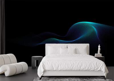 Flowing dots particles wave pattern 3D curve halftone blue green gradient curve shape isolated on black background. Vector in concept of technology, science, music, modern. Wall mural